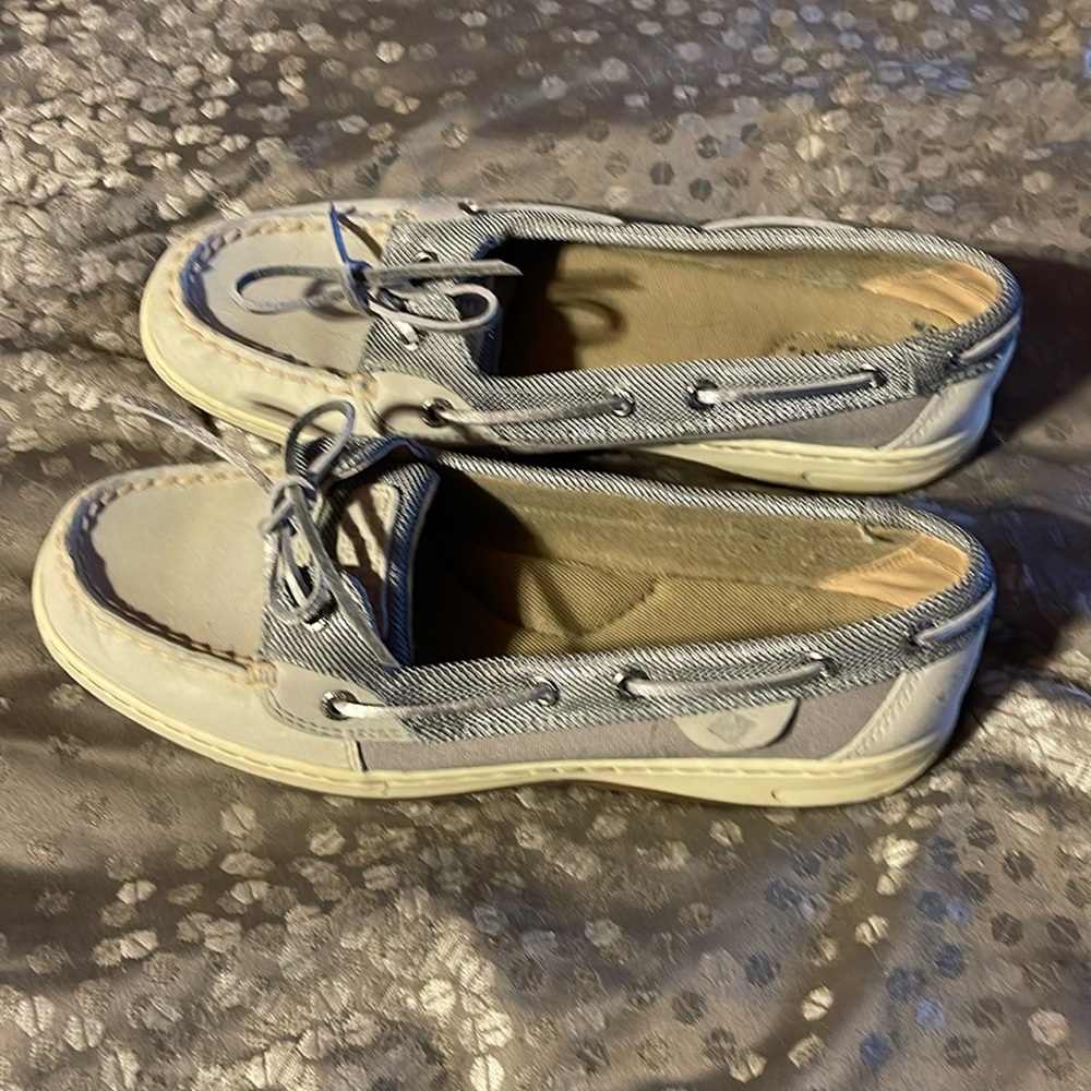 Gray/silver Sperry slip ons